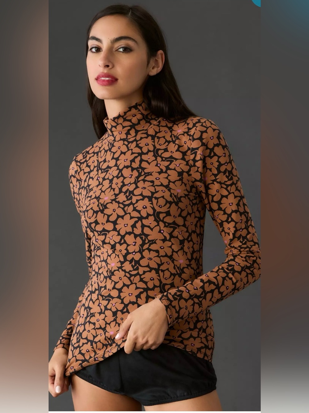 Anthropologie Maeve Floral Mock Neck Long-Sleeve Top in Rust/Black